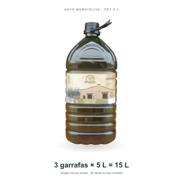 PET 5 L de AOVE Mundioliva, una unidad fotografiada; venta por caja de 3 unidades (15 L en total).